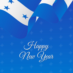 Happy New Year banner. Honduras waving flag. Snowflakes background. Vector illustration.