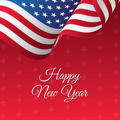 Happy New Year banner. USA waving flag. Snowflakes background. Vector illustration.