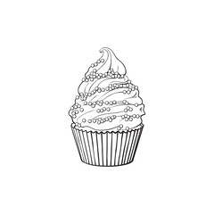 Black and white contour drawing, vector sketch hand drawn cupcake. Isolated illustration on a white background. Tasty cookie with cream, cake biscuit sweets