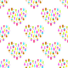 Geometric heart ice cream seamless pattern of colorful set icons isolated on white background.