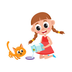 Little girl pouring milk into bowl, feeding her cat, kitten, cartoon vector illustration isolated on white background. Cartoon girl feeding her cat, pouring milk into bowl while sitting on the floor