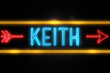 Keith  - fluorescent Neon Sign on brickwall Front view - obrazy, fototapety, plakaty
