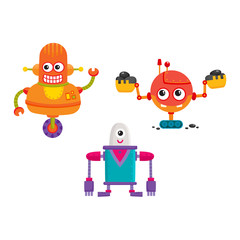 vector flat cartoon funny repairing robots set. Cute humanoid male characters with wrench, ladle - arms and wheel, crawler track - legs smiling. Isolated illustration on a white background.