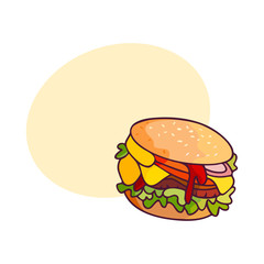 Vector burger flat isolated illustration on a white background. Tasty fresh fastfood chickenburger, cheesburger with vegetables with speech bubble