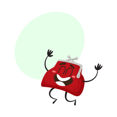 Vector money wallet, purse character flat illustration isolated on a white background. Expressive happy emotional, satisfied wallet jumping smiling with speech bubble