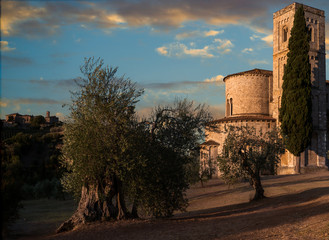 Golden Lights over Sant'Antimo Abbey - Castelnuovo dell'Abate, Montalcino, Tuscany, Italy, Europe