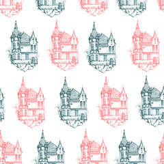 Fototapeta premium Repeated pattern. Seamless texture with beautiful vintage houses soaring on the stones. It can be used as wallpaper, desktop, printing, fabric or background for your blog, covers and your design.