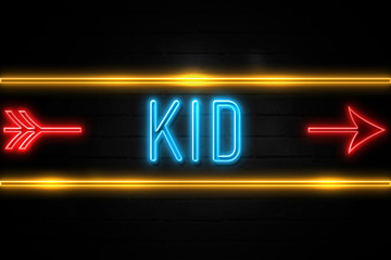 Kid  - fluorescent Neon Sign on brickwall Front view