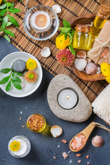 Autumn fall spa wellness setting concept, black background