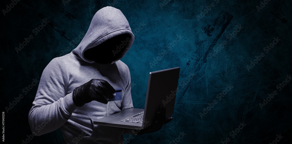 Poster composite image of hacker using credit card for cyber crime