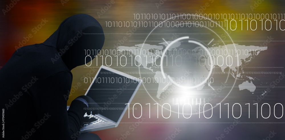 Poster composite image of hacker using laptop