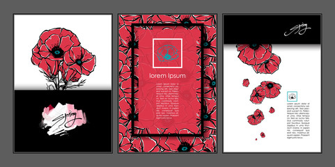 Nice floral templates with red poppies. Frames, borders, other elements. Good background for covers, invitations or your design.
