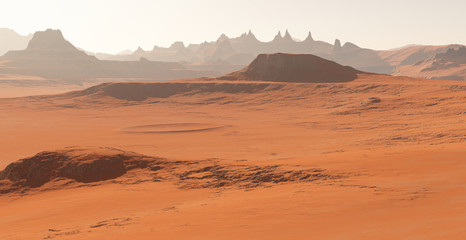 Mars - the red planet. Martian landscape and dust in the atmosphere. 3D illustration