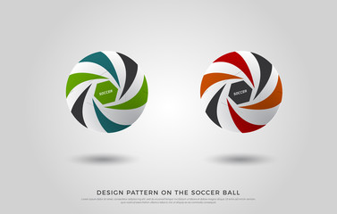 design pattern on the soccer ball. green, orange and blue color on the football mock up. Vector Illustration
