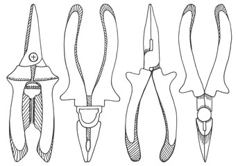Set of pliers, pincers, and pruning scissors. Tools illustration in vector sketch style.