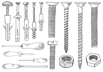 Set of tools and fasteners. Screwdriver, wrench, spanner, hex key, screw, rawlplug, nail expansion anchor, nut. Hand drawn illustration in vector sketch style.