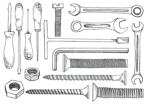 Set of tools and fasteners. Screwdriver, wrench, spanner, hex key, screw, rawlplug, nail expansion anchor, nut. Hand drawn illustration in vector sketch style.
