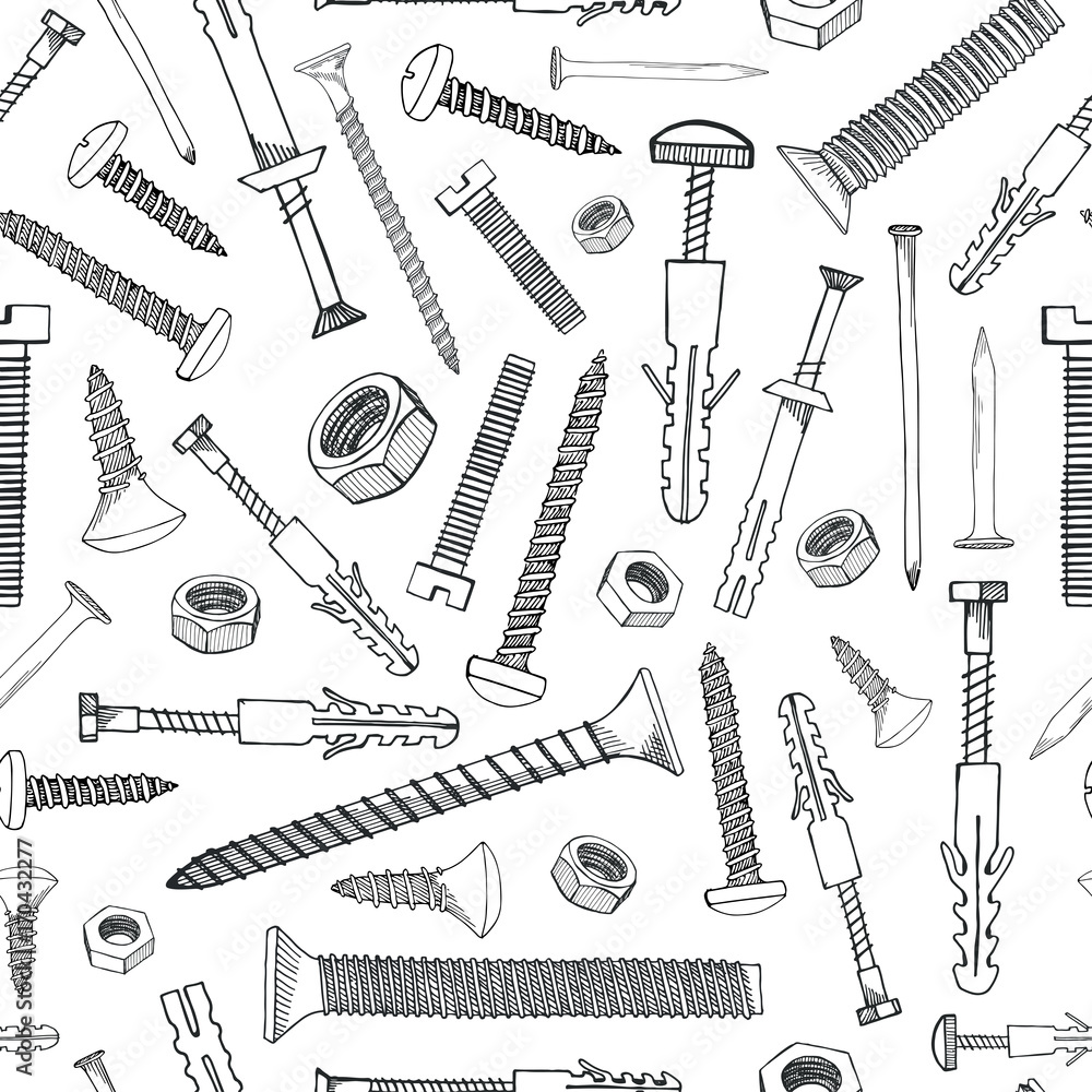Poster seamless pattern with different tools. different fastener on white background. hand drawn vector ill