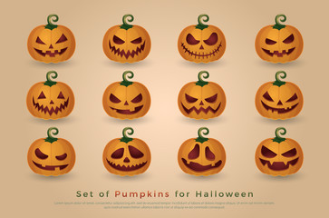 Set of Pumpkins for Halloween. Pumpkins Emotion Variation Halloween Design Elements. Vector illustration