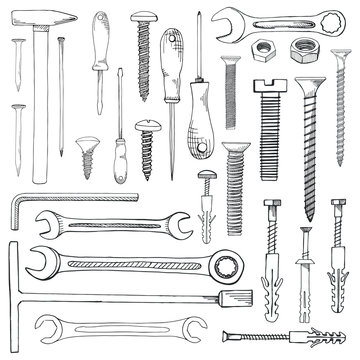 Set of tools, hardware. Different fastener isolated on white background. Hand drawn vector illustration of a sketch style.