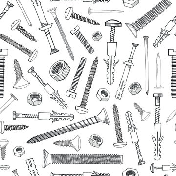 Seamless pattern with different tools. Different fastener on white background. Hand drawn vector illustration of a sketch style.
