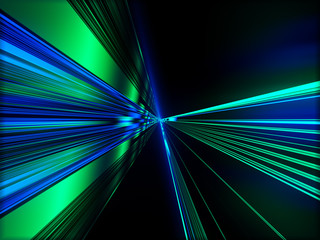 Speed motion on the neon glowing road at dark. Speed motion on the road. Colored light streaks acceleration. Abstract illustration. Blue and Green motion streaks. Space gates.
