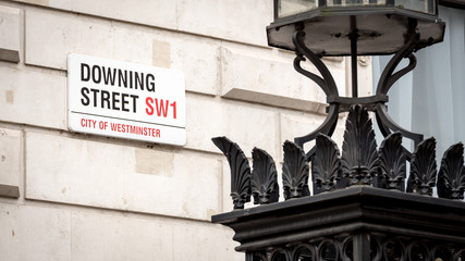 Downing Street, Westminster. Street sign for the official London address of the UK Prime Minister. - 170433044