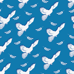 Peaceful pigeon and olive branch for the International Day of Peace. Seamless pattern. Blue background.