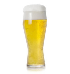 foamy light beer with bubbles on white background