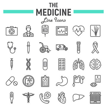 Medicine line icon set, medical symbols collection, healthcare vector sketches, logo illustrations, anatomy signs linear pictograms package isolated on white background, eps 10.