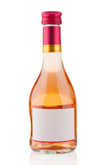 Rose wine bottle closeup on white background