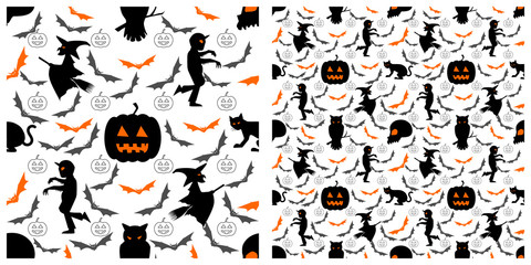 Seamless of Halloween pattern on transparent background. Single pattern is shown in the left. The example of assembly seamless is shown in the right.  