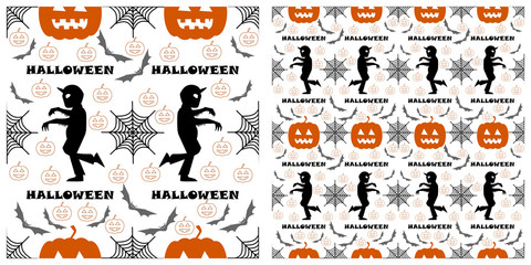 Seamless of Halloween pattern on transparent background. Single pattern is shown in the left. The example of assembly seamless is shown in the right.  