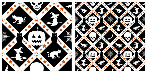 Seamless of Halloween pattern on transparent background. Single pattern is shown in the left. The example of assembly seamless is shown in the right.  