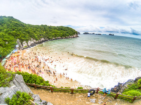 overcrowded beach in Cat Ba Island - it is a popular summer destination for Vietnamese tourists