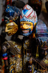 Traditional Javanese Wayang Golek theatre puppets being sold as sourvenirs in Pawon, Java.