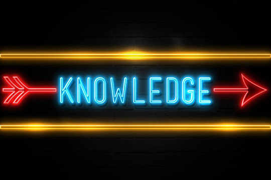 Knowledge  - fluorescent Neon Sign on brickwall Front view