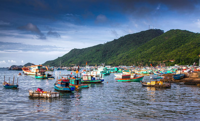 Fototapeta na wymiar traditional colorful vietnamese fishing boats in Nam Du island, Kien Giang, Vietnam