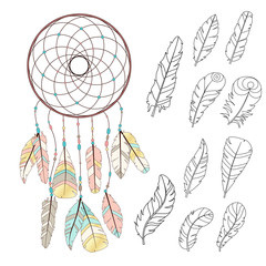 Obraz premium Dreamcatcher in boho style. Set of sketch style bird feathers with golden parts. Creative bohemia concept for wedding invitations, cards, tickets, congratulations, branding, logo label, emblem.