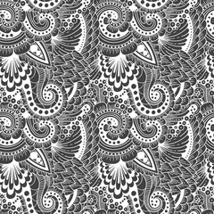 Seamless ornamental  ethnic doodle  pattern. Floral background with flowers, berries, waves, leaves, curly lines. Good for wallpaper, pattern fills, textile, fabric, wrapping, surface textures.
