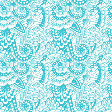 Seamless ornamental  ethnic doodle pattern. Floral background with flowers, berries, waves, leaves, curly lines. Good for wallpaper, pattern fills, textile, fabric, wrapping, surface textures.