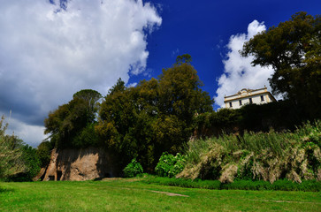 Villa Savorelli public park with ancient caves in the old town of Sutri, near Rome