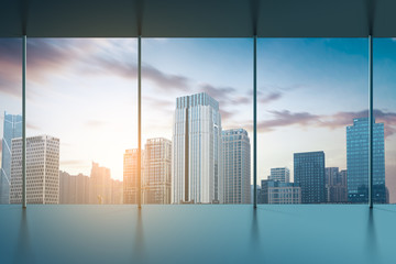 large clean designer office window to skyline illustration