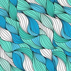 Vivid seamless abstract hand-drawn waves pattern, wavy background. White, blue and green sea waves