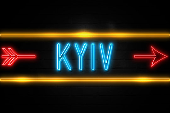 Kyiv  - fluorescent Neon Sign on brickwall Front view