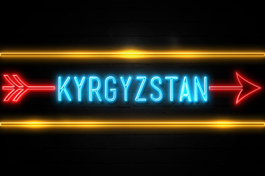 Kyrgyzstan  - fluorescent Neon Sign on brickwall Front view