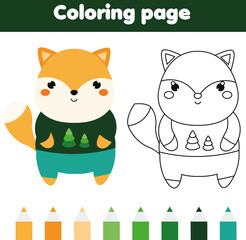 Coloring page with fox. Drawing kids activity. Printable toddlers fun