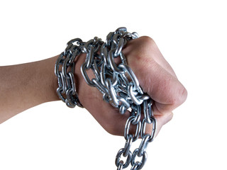 Man's hand and a metal chain on white background