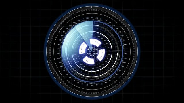 Beautiful Futuristic HUD Target Scanner with Radar Rotation. Head-up Display Computer Data. High Tech Concept Element. Full HD 1920x1080.