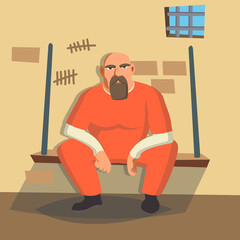 Man In Prison Vector. Bandit Arrested And Locked. Isolated On White Cartoon Character Illustration